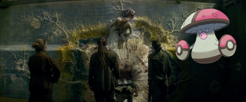 From left to right: The expedition team comes across a man’s body that’s been transformed by the Shimmer into a fungal growth and Amoongus, a fungus Pokémon.